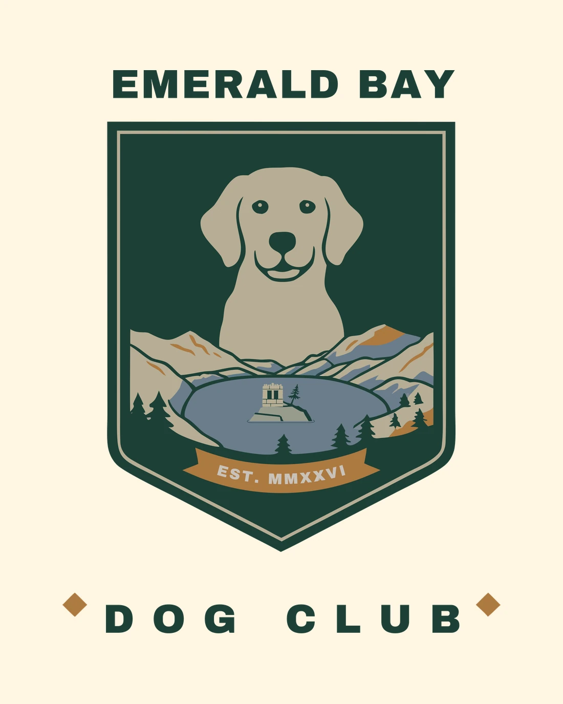 Emerald Bay Dog Club as printed on the back: EMERALD BAY over a crest of the club dog above Fannette Island, an EST. MMXXVI ribbon and DOG CLUB beneath, on Sandshell