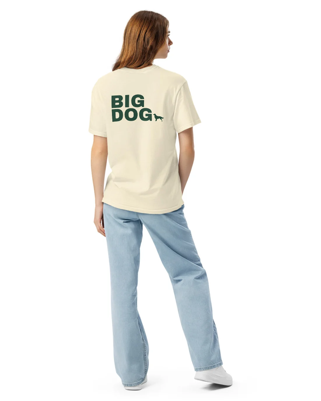 The back of the Big Dog tee, worn by a second model.