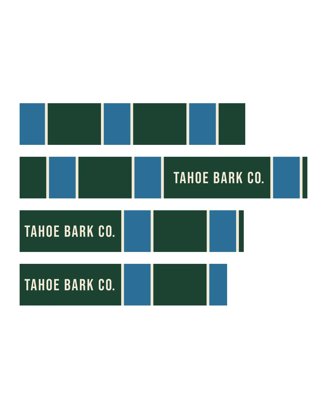 State Line as it prints on the L strap, in rows: pine and lake blue blocks, two to one, split by thin cream lines, with TAHOE BARK CO. in cream on the pine