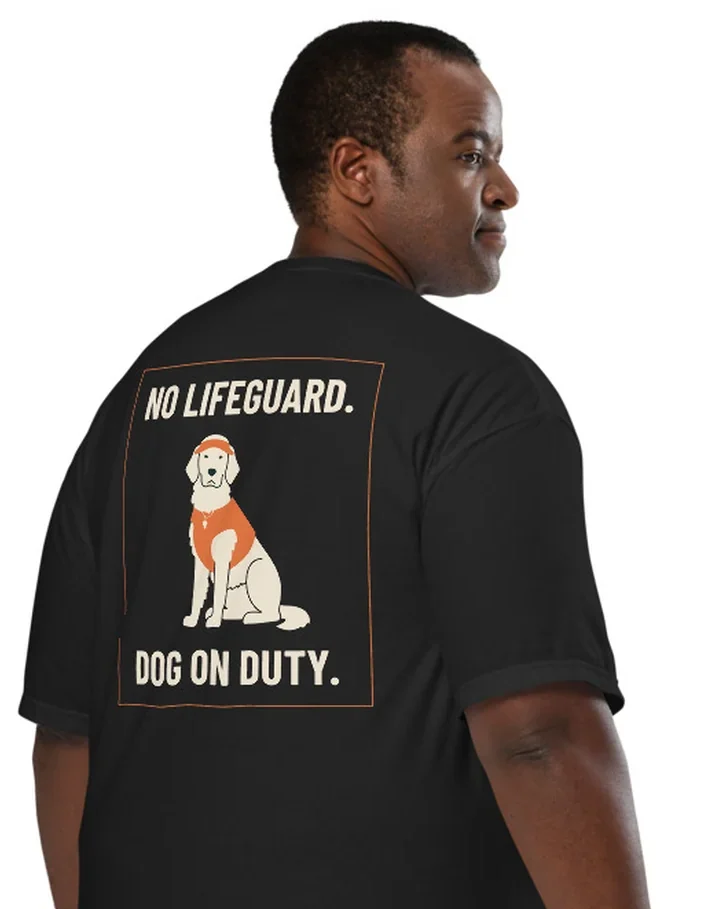 The Dog on Duty design on a tee, worn by a model, from the back.