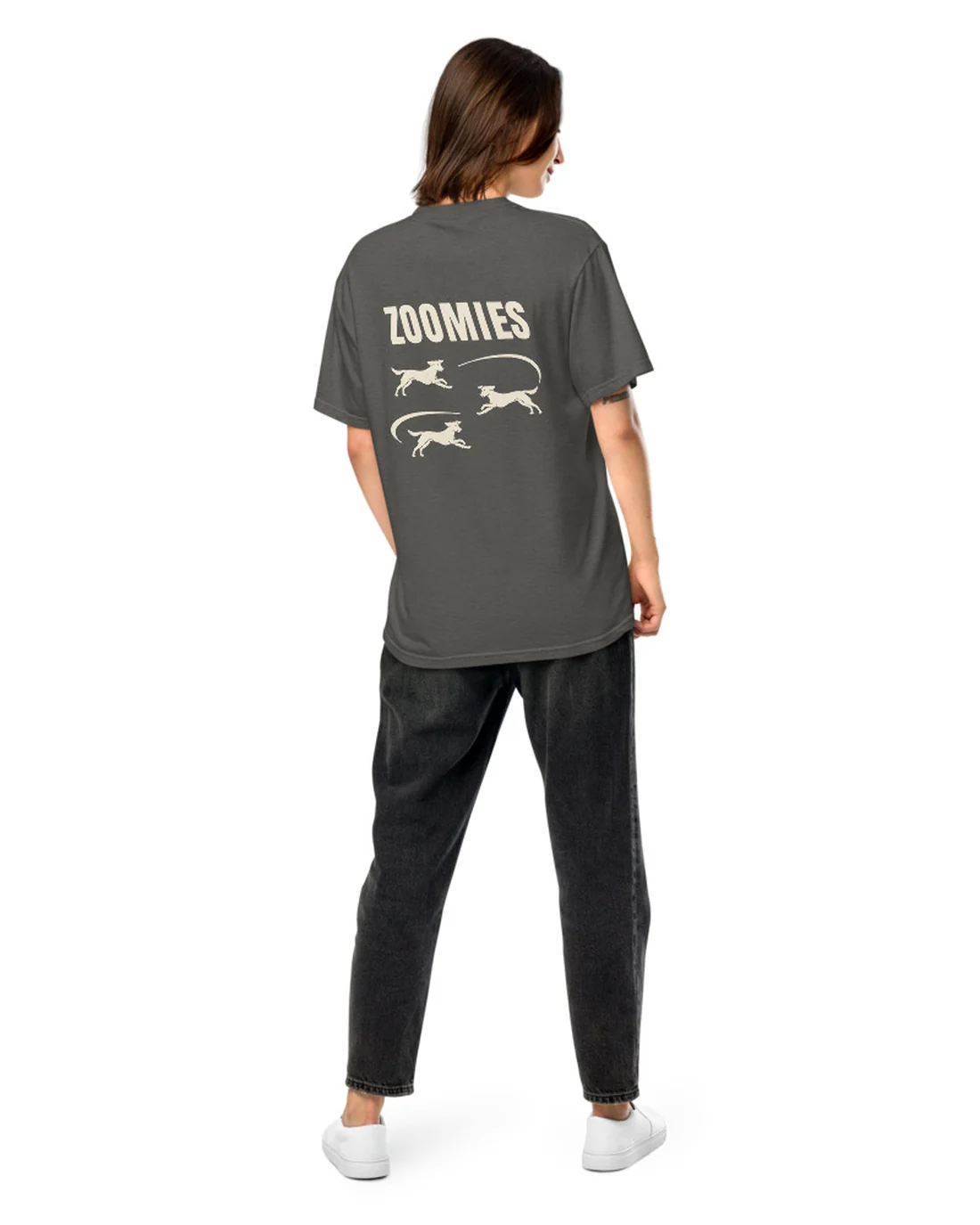 The back of the Zoomies tee, worn by a second model.