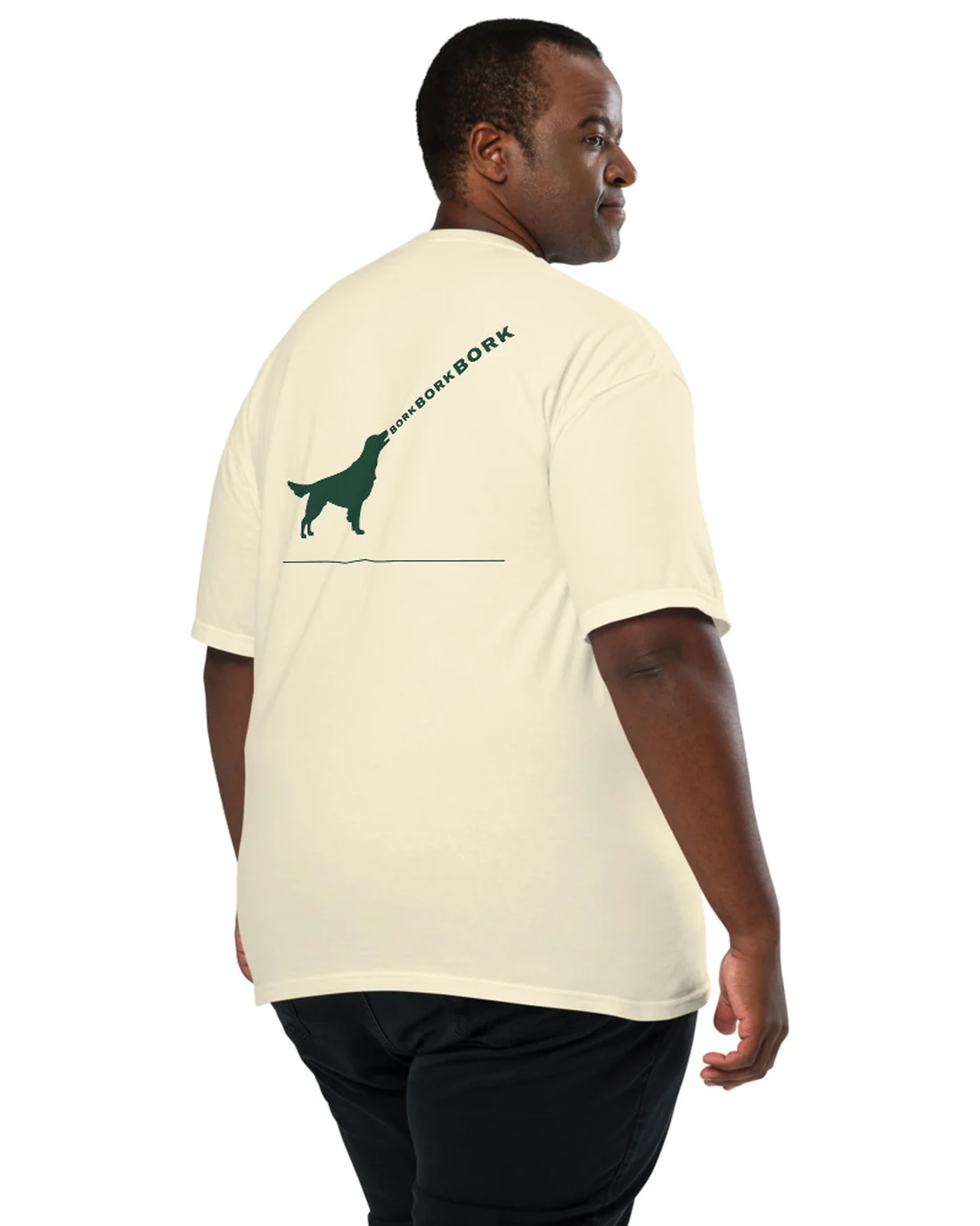 The back of the Bork Bork Bork tee, worn by a second model.