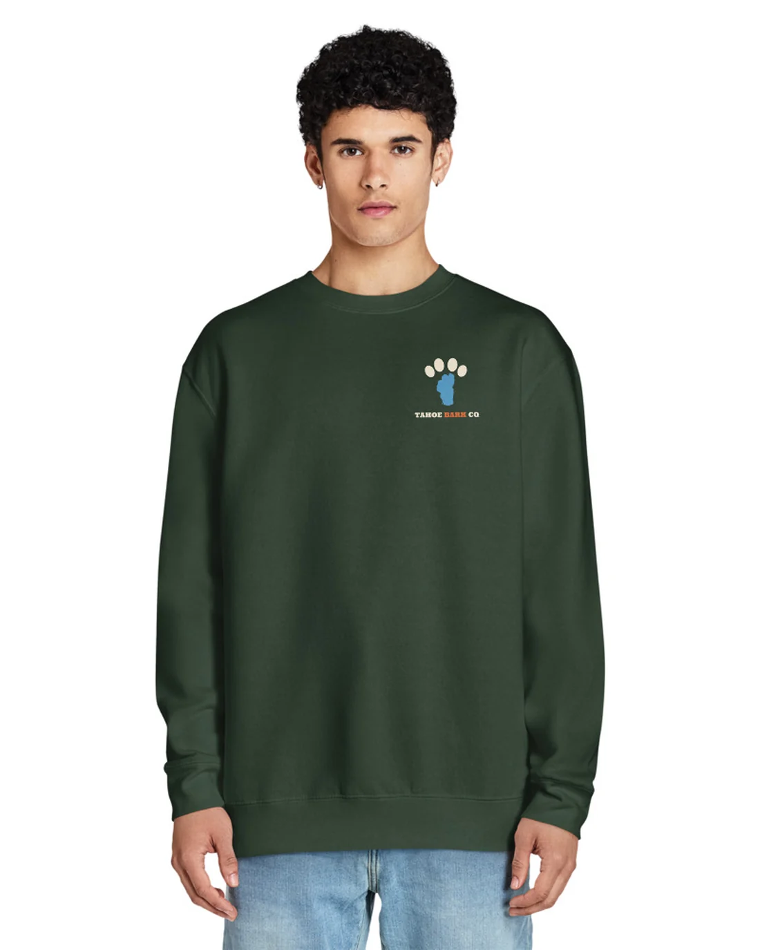 The front of the Window Seat crewneck, with the Tahoe Bark Co. logo at the heart.