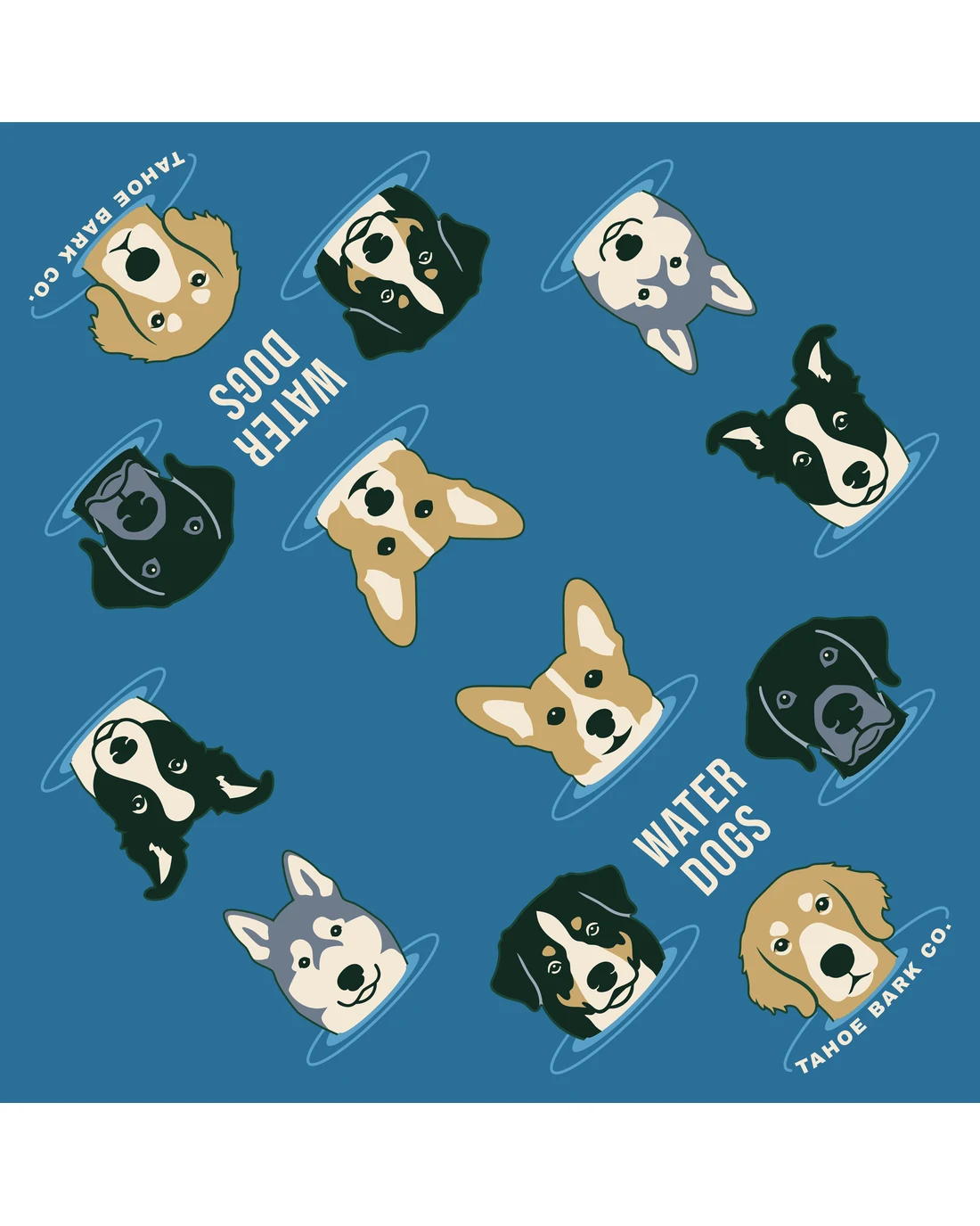 Water Dogs as it prints: twelve dog heads, a golden, a Bernese, a husky, a border collie, a corgi and a black Lab on each half, with WATER DOGS and TAHOE BARK CO. in cream