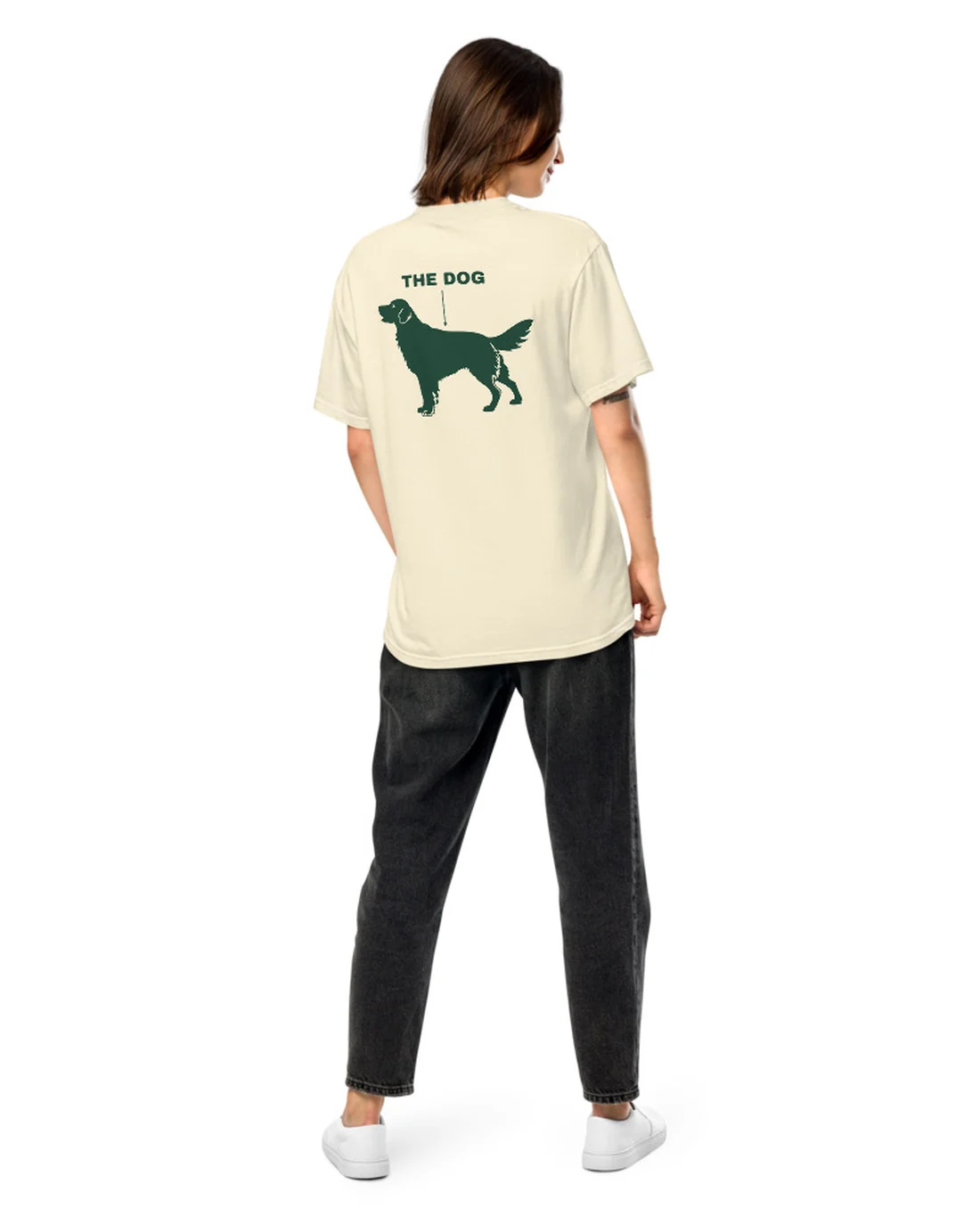 The Dog design on a tee, worn by a model, from the back.