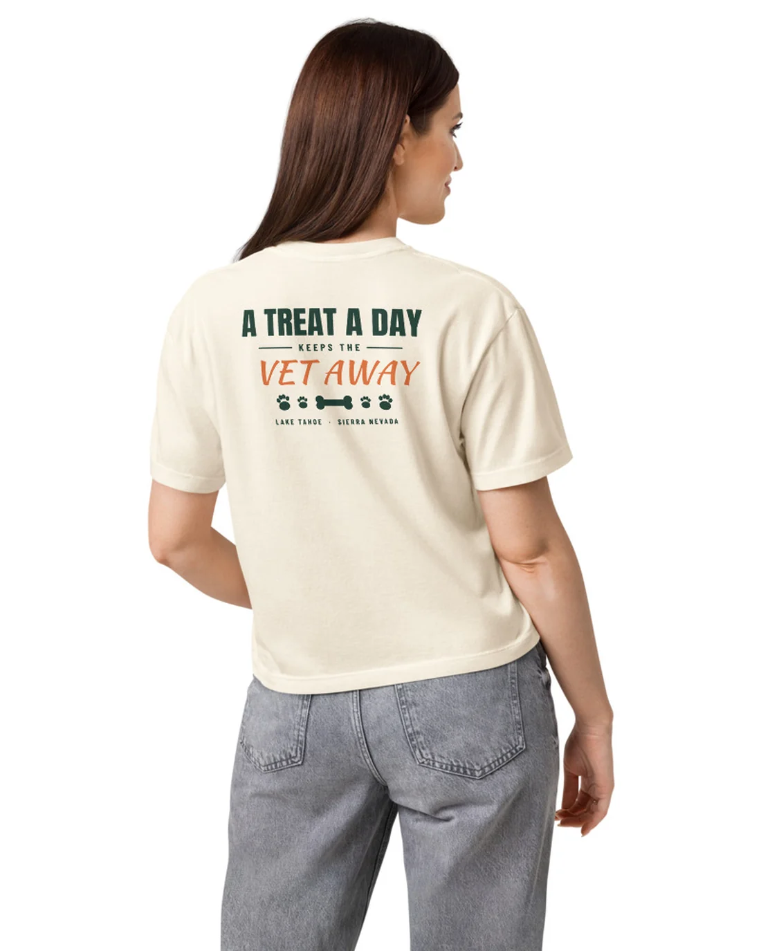 The back of the A Treat A Day women&rsquo;s fit tee, worn by a model.