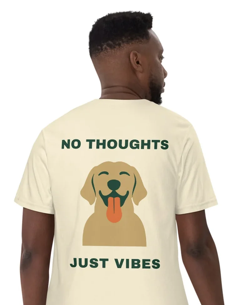 The No Thoughts Just Vibes design on a tee, worn by a model, from the back.