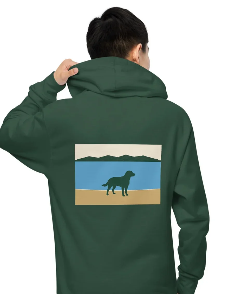 The Flat Water design on a hoodie, worn by a model, from the back.