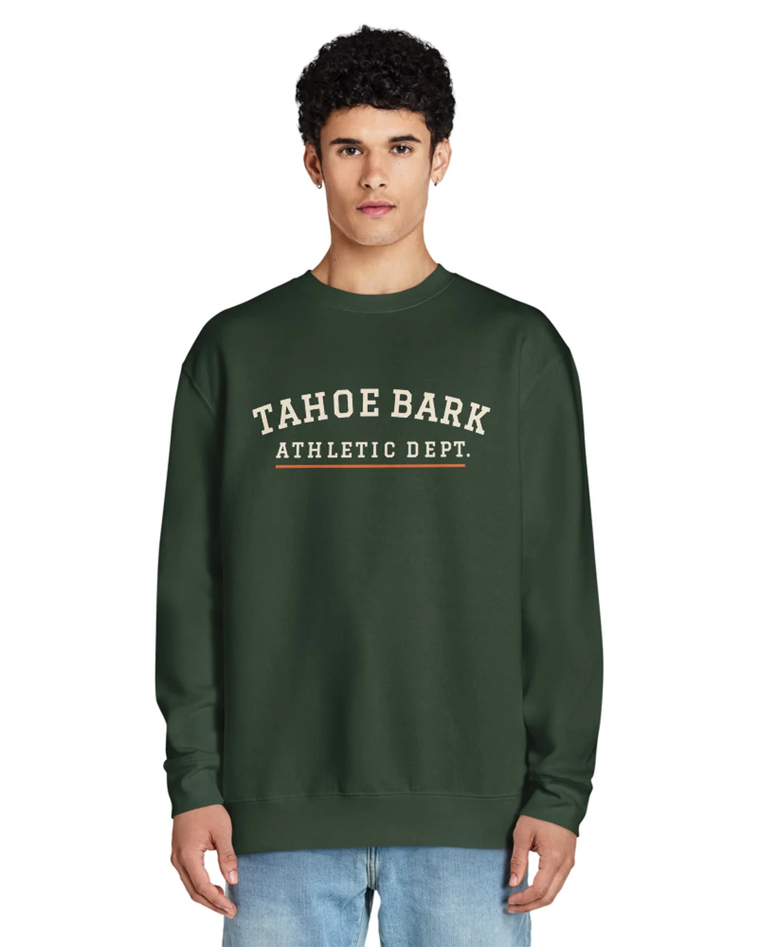 The front of the Tahoe Bark Athletic Dept. crewneck, worn by a second model.