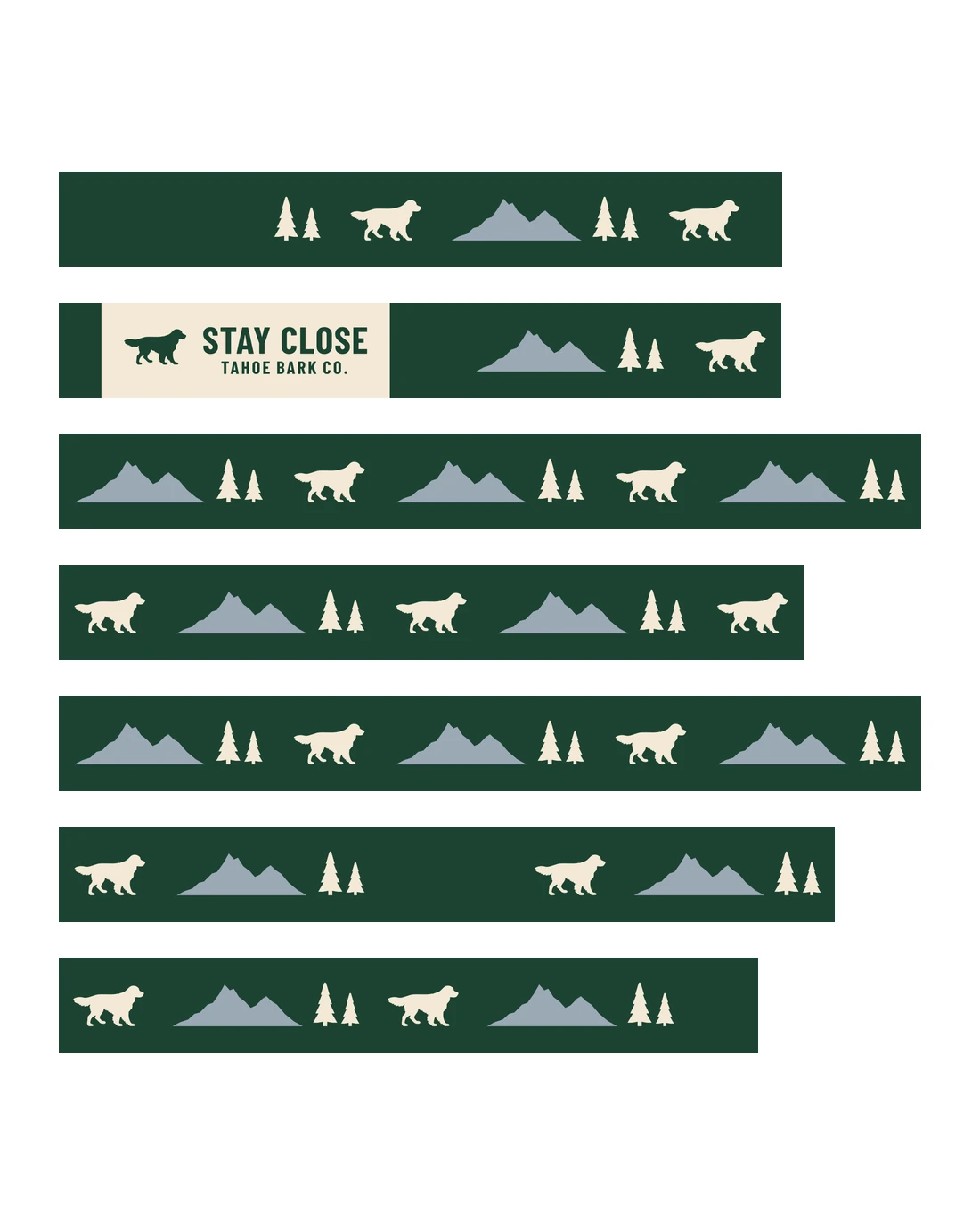 Stay Close as it prints: a cream retriever, a granite range and two pines repeating on pine, and a cream band reading STAY CLOSE over TAHOE BARK CO.