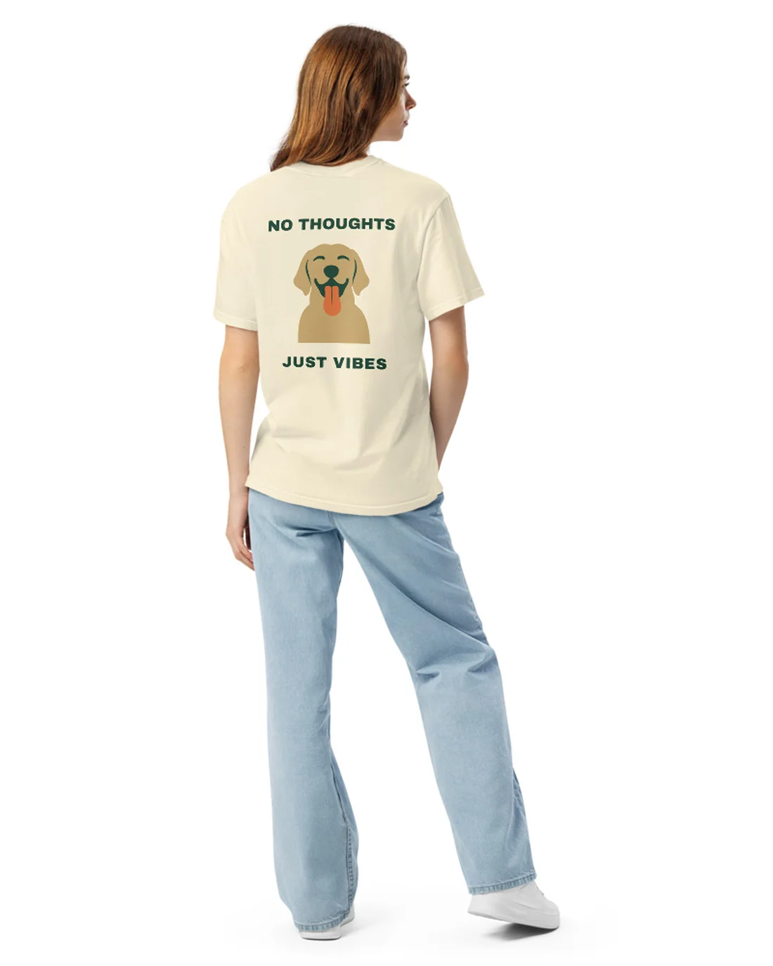 The back of the No Thoughts Just Vibes tee, worn by a second model.